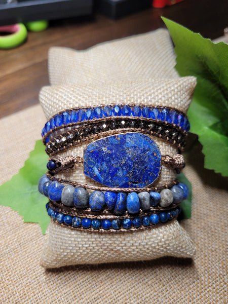 Lapis Lazuli and Onyx Leather Three Wrap Gemstone Bracelet with Silver Sand Dollar Charm Boho Sundance top Style