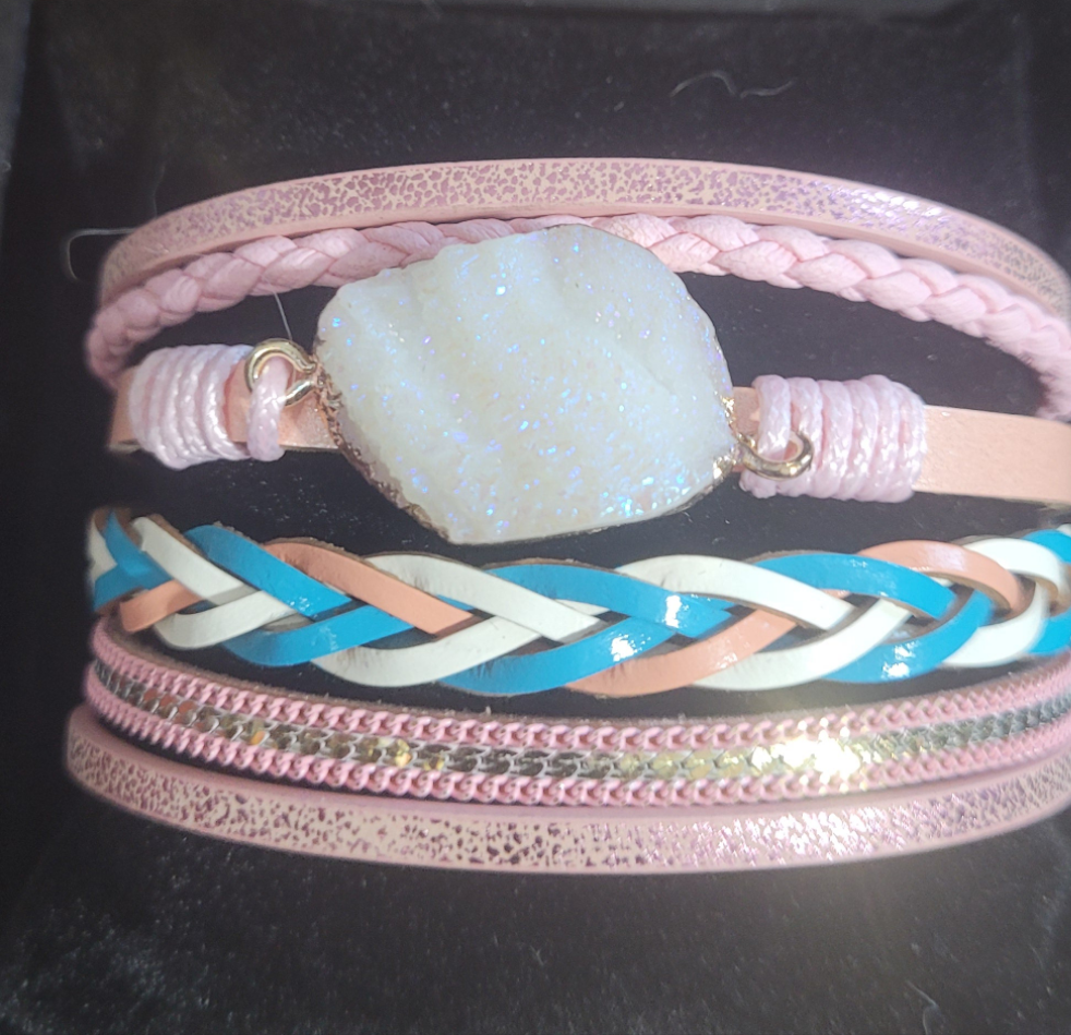 Magnetic Clasp Multiple Strand Leather Geode Cuff Bracelet -Pink/Blue