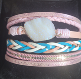 Magnetic Clasp Multiple Strand Leather Geode Cuff Bracelet -Pink/Blue
