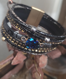 Magnetic Clasp Multiple Leather Strand small Geode Cuff Bracelet -Blue