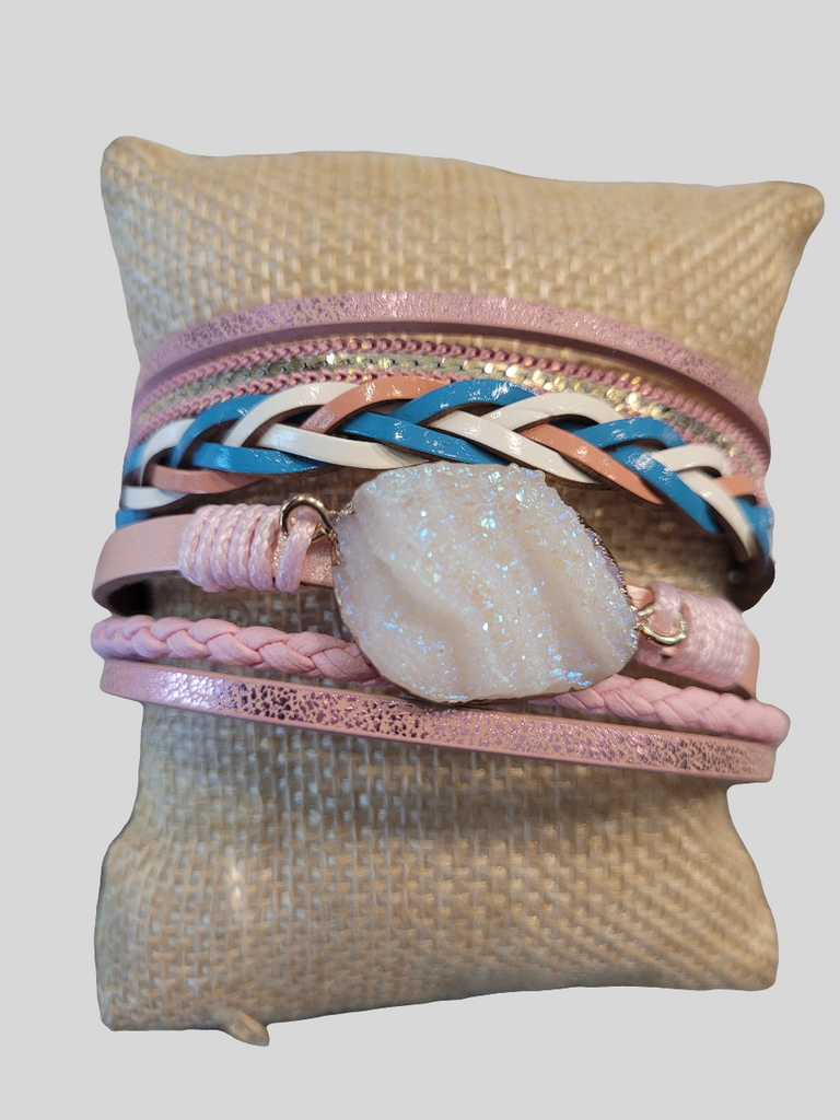 Magnetic Clasp Multiple Strand Leather Geode Cuff Bracelet -Pink/Blue