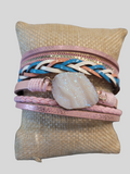 Magnetic Clasp Multiple Strand Leather Geode Cuff Bracelet -Pink/Blue