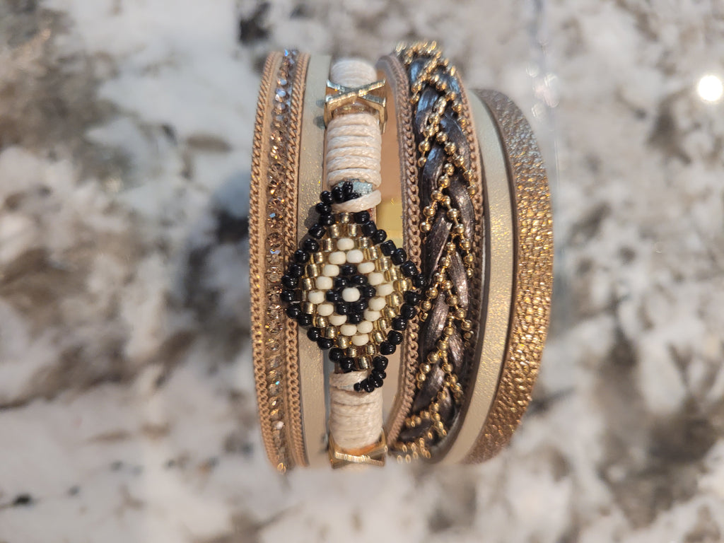 Magnetic Clasp Multiple Strand Leather Tribal Style Cuff - Beige/Khaki/Nude