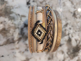 Magnetic Clasp Multiple Strand Leather Tribal Style Cuff - Beige/Khaki/Nude