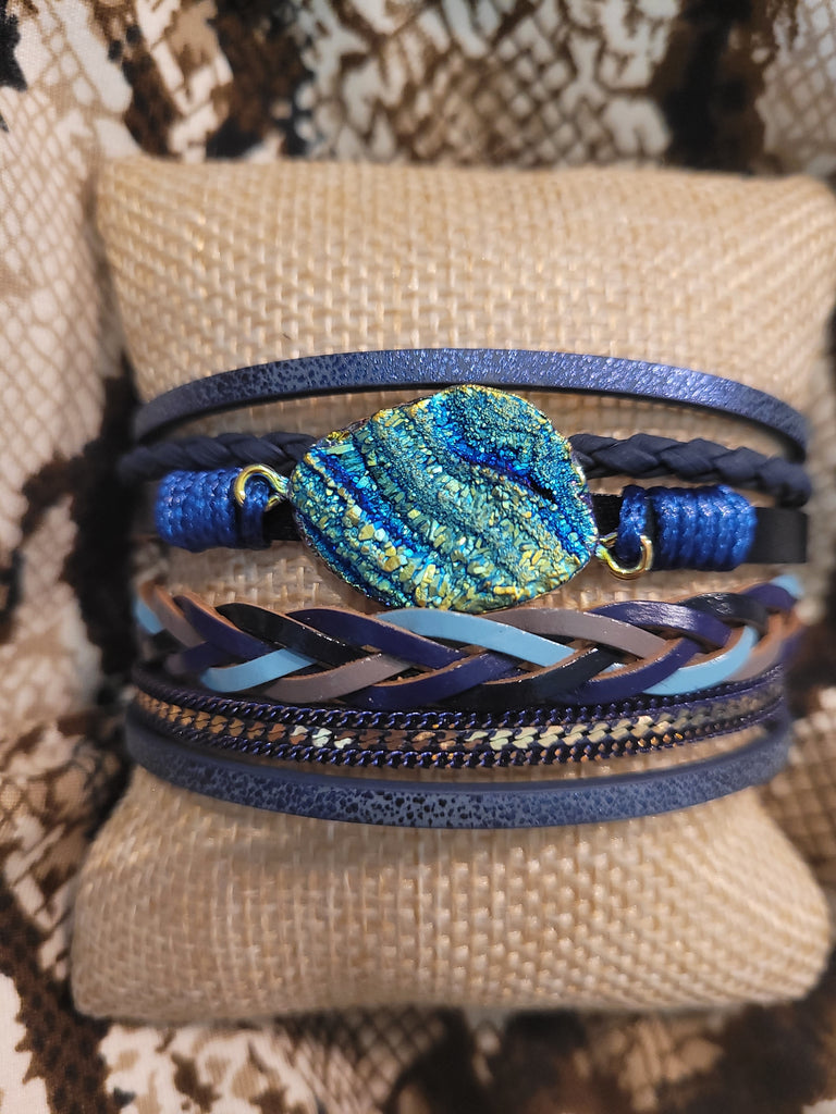 Magnetic Clasp Multiple Strand Leather Geode Cuff Bracelet -Blue