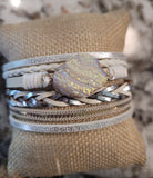 Magnetic Clasp Multiple Strand Leather Geode Cuff Bracelet - White/Silver