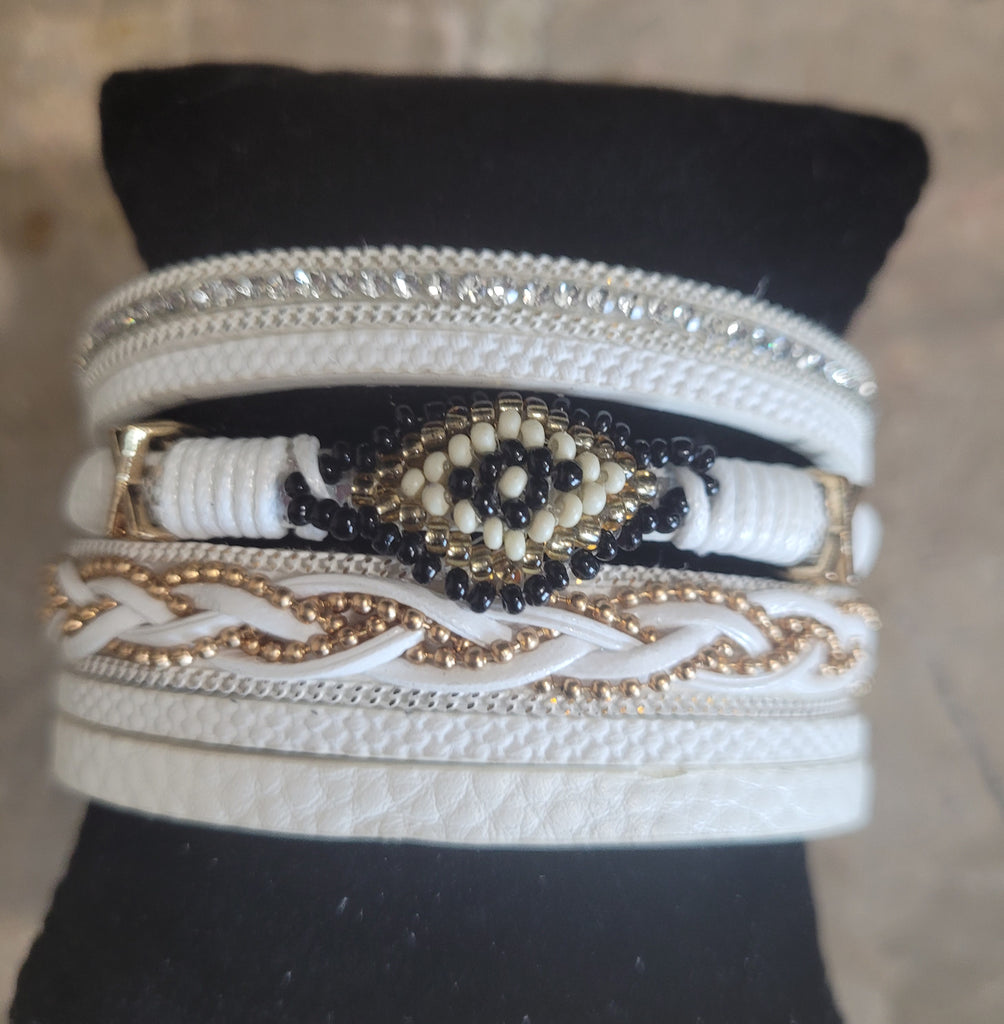 Magnetic Clasp Multiple Strand Leather Tribal Style Cuff - White