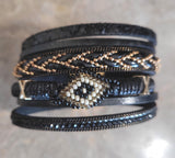 Magnetic Clasp Multiple Strand Leather Tribal Style Cuff - Black