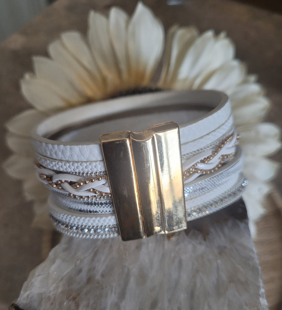 Magnetic Clasp Multiple Strand Leather Tribal Style Cuff - White