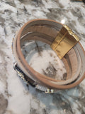 Magnetic Clasp Multiple Strand Leather Tribal Style Cuff - Beige/Khaki/Nude