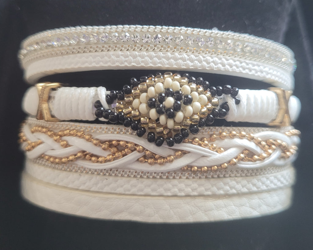 Magnetic Clasp Multiple Strand Leather Tribal Style Cuff - White
