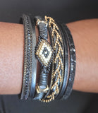 Magnetic Clasp Multiple Strand Leather Tribal Style Cuff - Black