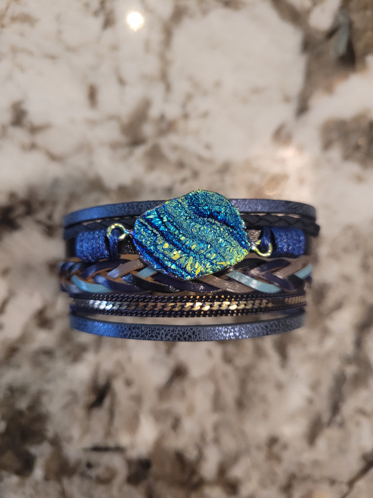 Magnetic Clasp Multiple Strand Leather Geode Cuff Bracelet -Blue