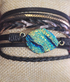 Magnetic Clasp Multiple Strand Leather Geode Cuff Bracelet -Black