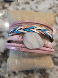 Magnetic Clasp Multiple Strand Leather Geode Cuff Bracelet -Pink/Blue