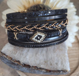 Magnetic Clasp Multiple Strand Leather Tribal Style Cuff - Black
