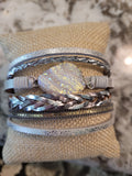 Magnetic Clasp Multiple Strand Leather Geode Cuff Bracelet - White/Silver