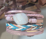 Magnetic Clasp Multiple Strand Leather Geode Cuff Bracelet -Pink/Blue