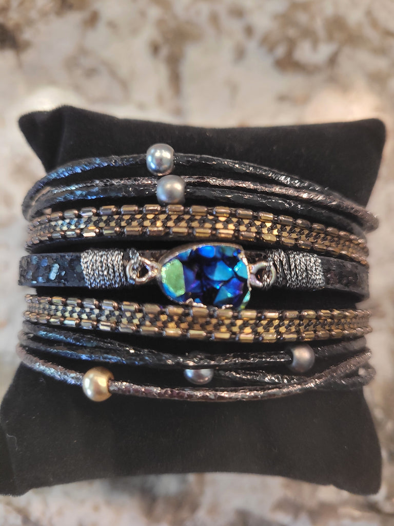Magnetic Clasp Multiple Leather Strand small Geode Cuff Bracelet -Blue