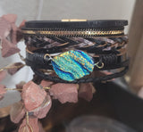 Magnetic Clasp Multiple Strand Leather Geode Cuff Bracelet -Black