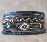 Magnetic Clasp Multiple Strand Leather Tribal Style Cuff - Black