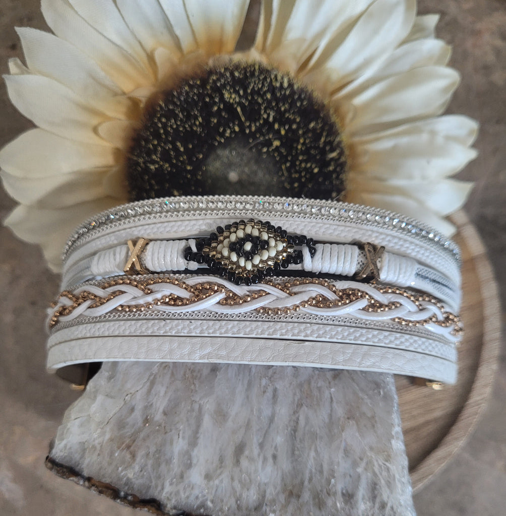 Magnetic Clasp Multiple Strand Leather Tribal Style Cuff - White