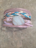 Magnetic Clasp Multiple Strand Leather Geode Cuff Bracelet -Pink/Blue