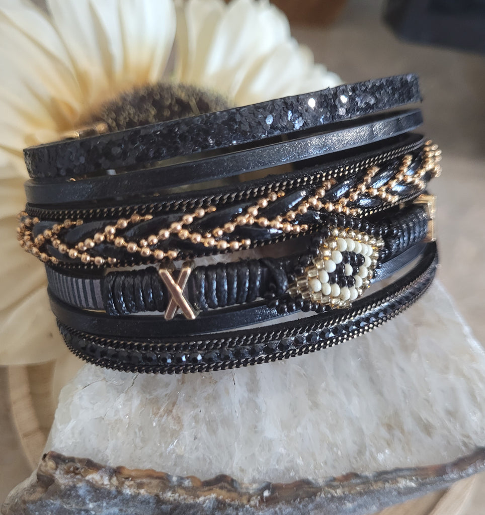 Magnetic Clasp Multiple Strand Leather Tribal Style Cuff - Black
