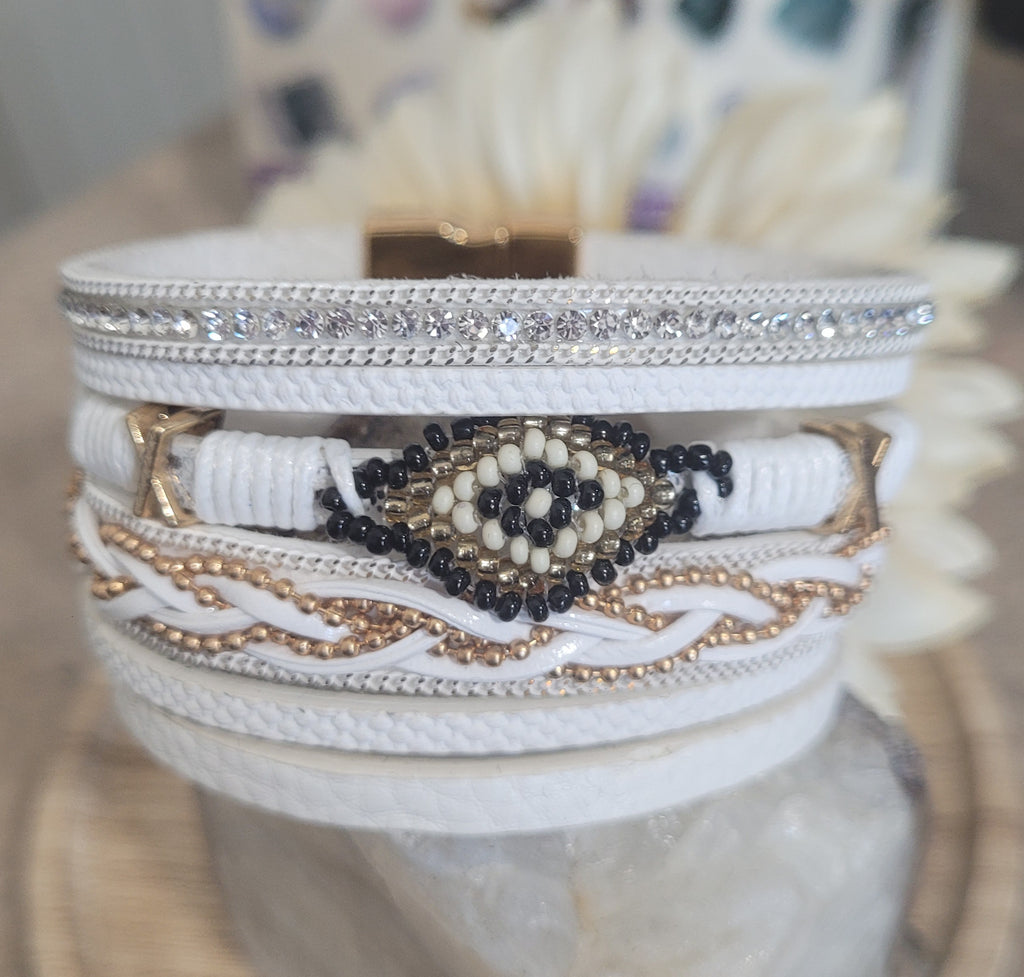 Magnetic Clasp Multiple Strand Leather Tribal Style Cuff - White