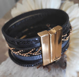 Magnetic Clasp Multiple Strand Leather Tribal Style Cuff - Black