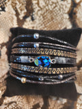 Magnetic Clasp Multiple Leather Strand small Geode Cuff Bracelet -Blue
