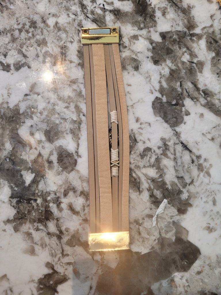 Magnetic Clasp Multiple Strand Leather Tribal Style Cuff - Beige/Khaki/Nude