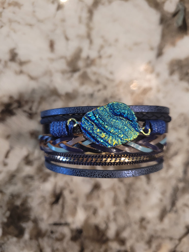 Magnetic Clasp Multiple Strand Leather Geode Cuff Bracelet -Blue
