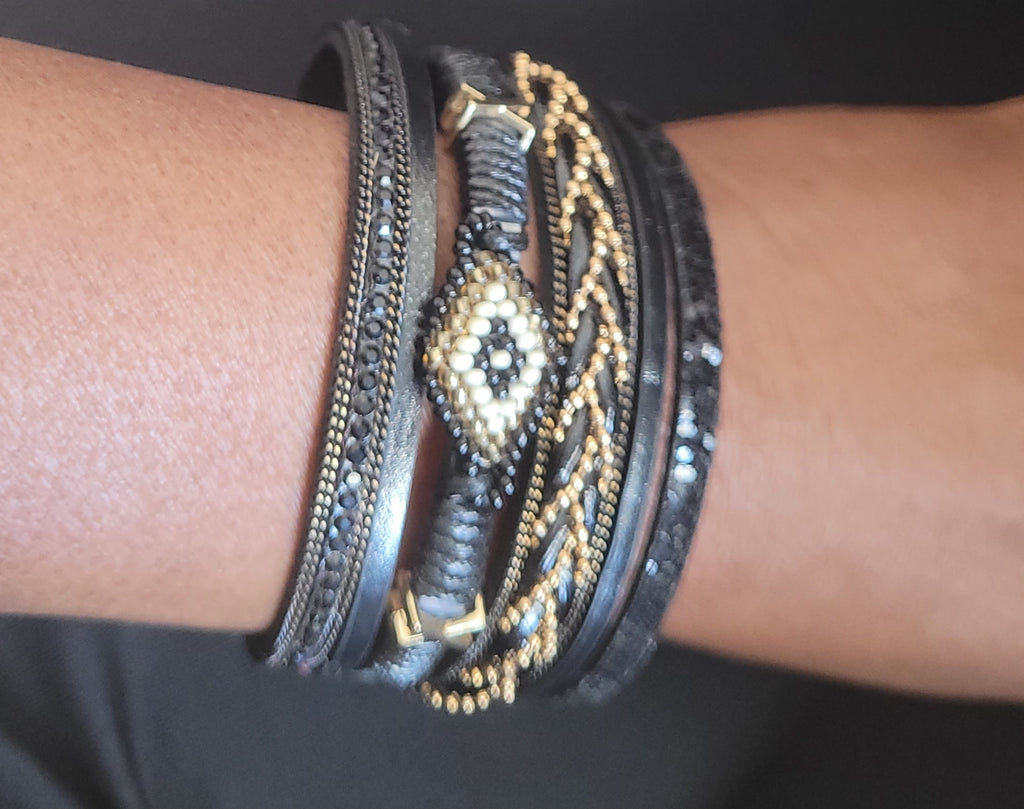 Magnetic Clasp Multiple Strand Leather Tribal Style Cuff - Black