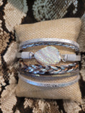 Magnetic Clasp Multiple Strand Leather Geode Cuff Bracelet - White/Silver