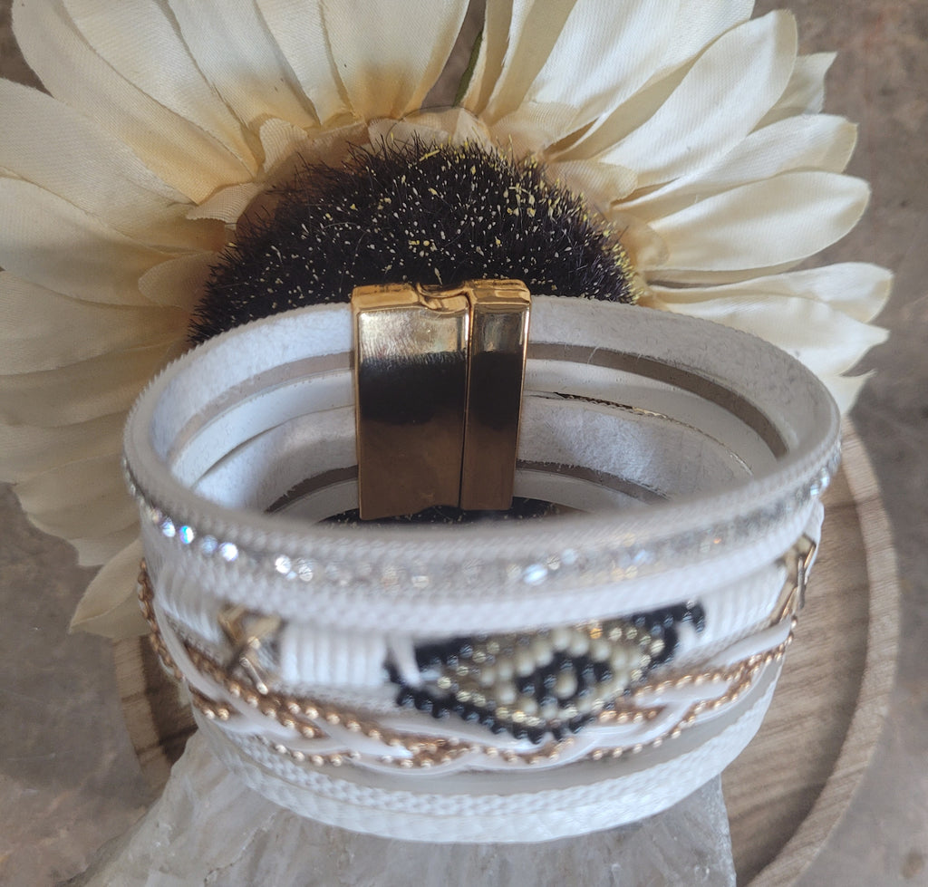 Magnetic Clasp Multiple Strand Leather Tribal Style Cuff - White