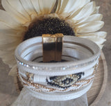 Magnetic Clasp Multiple Strand Leather Tribal Style Cuff - White