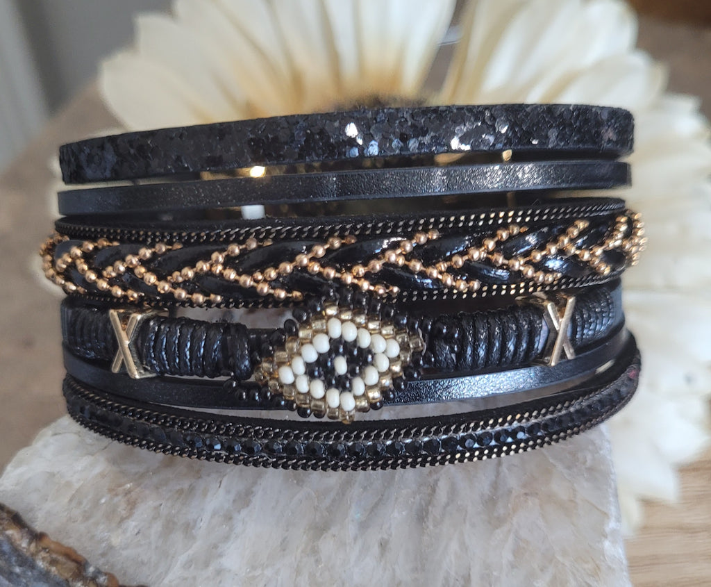 Magnetic Clasp Multiple Strand Leather Tribal Style Cuff - Black