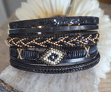 Magnetic Clasp Multiple Strand Leather Tribal Style Cuff - Black