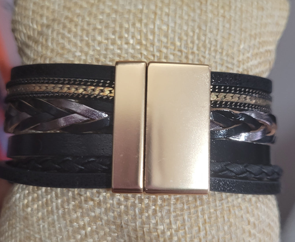 Magnetic Clasp Multiple Strand Leather Geode Cuff Bracelet -Black
