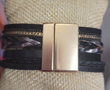 Magnetic Clasp Multiple Strand Leather Geode Cuff Bracelet -Black