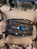 Magnetic Clasp Multiple Leather Strand small Geode Cuff Bracelet -Blue