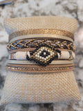 Magnetic Clasp Multiple Strand Leather Tribal Style Cuff - Beige/Khaki/Nude