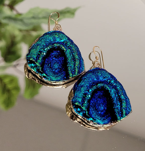 Green druzy earrings, Round glitter resin stud earrings, Geode drusy  earrings
