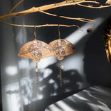 Elegant Gold Embossed Japanese Fan shaped Earrings, Geisha Fan Earrings