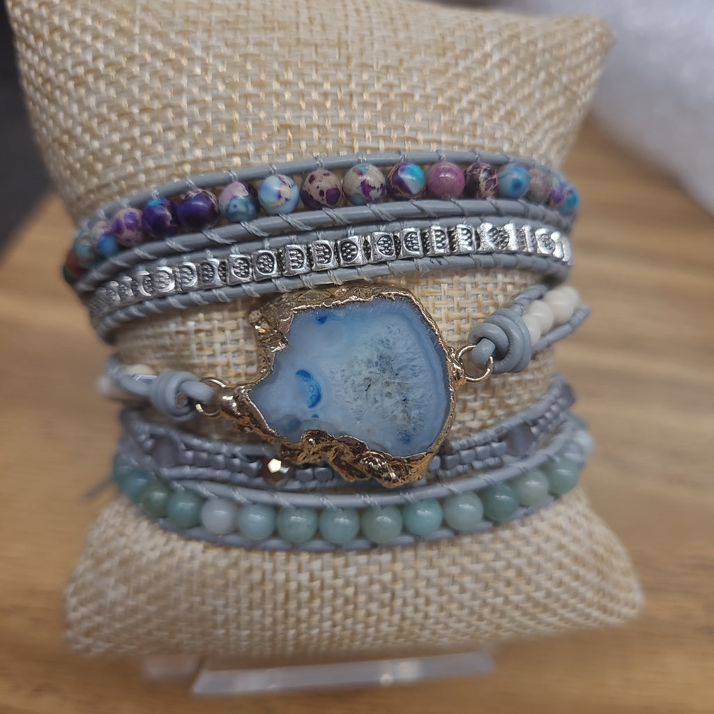 Blue sliced Geode Natural Stone Wrap Bracelet