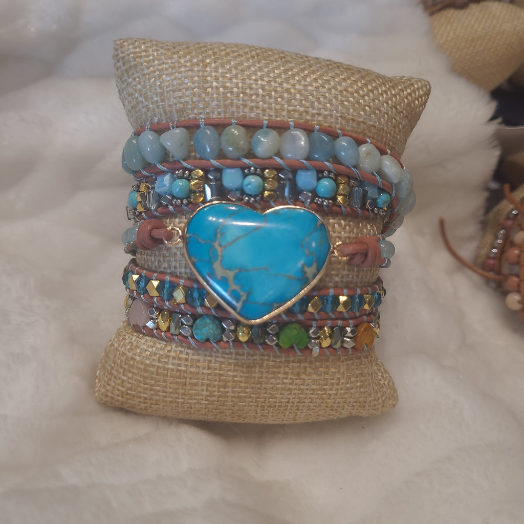 Heart Shaped  Multi Color Natural Stone Leather Wrap Bracelet