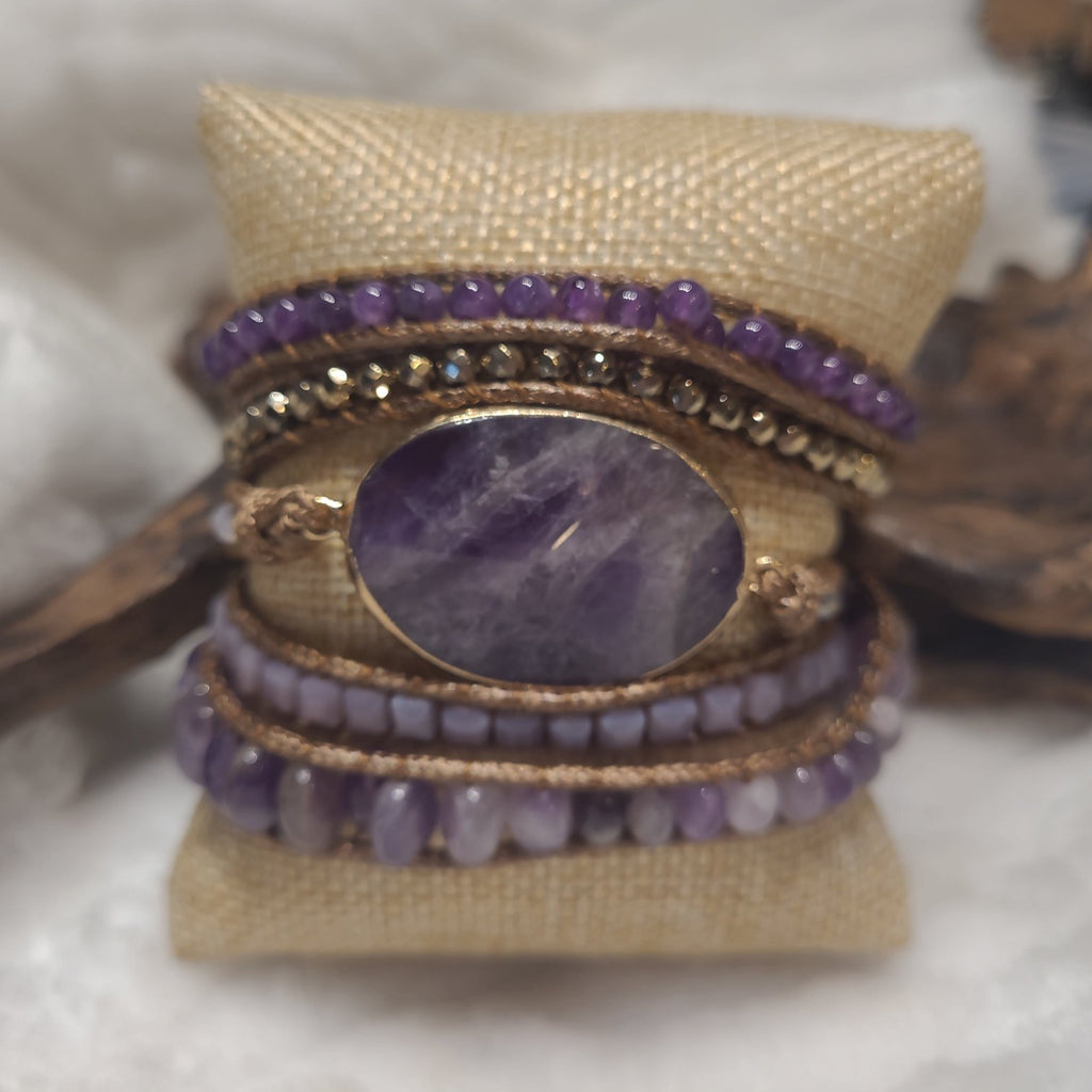 Amethyst Natural Stone and leather cord Wrap Bracelet