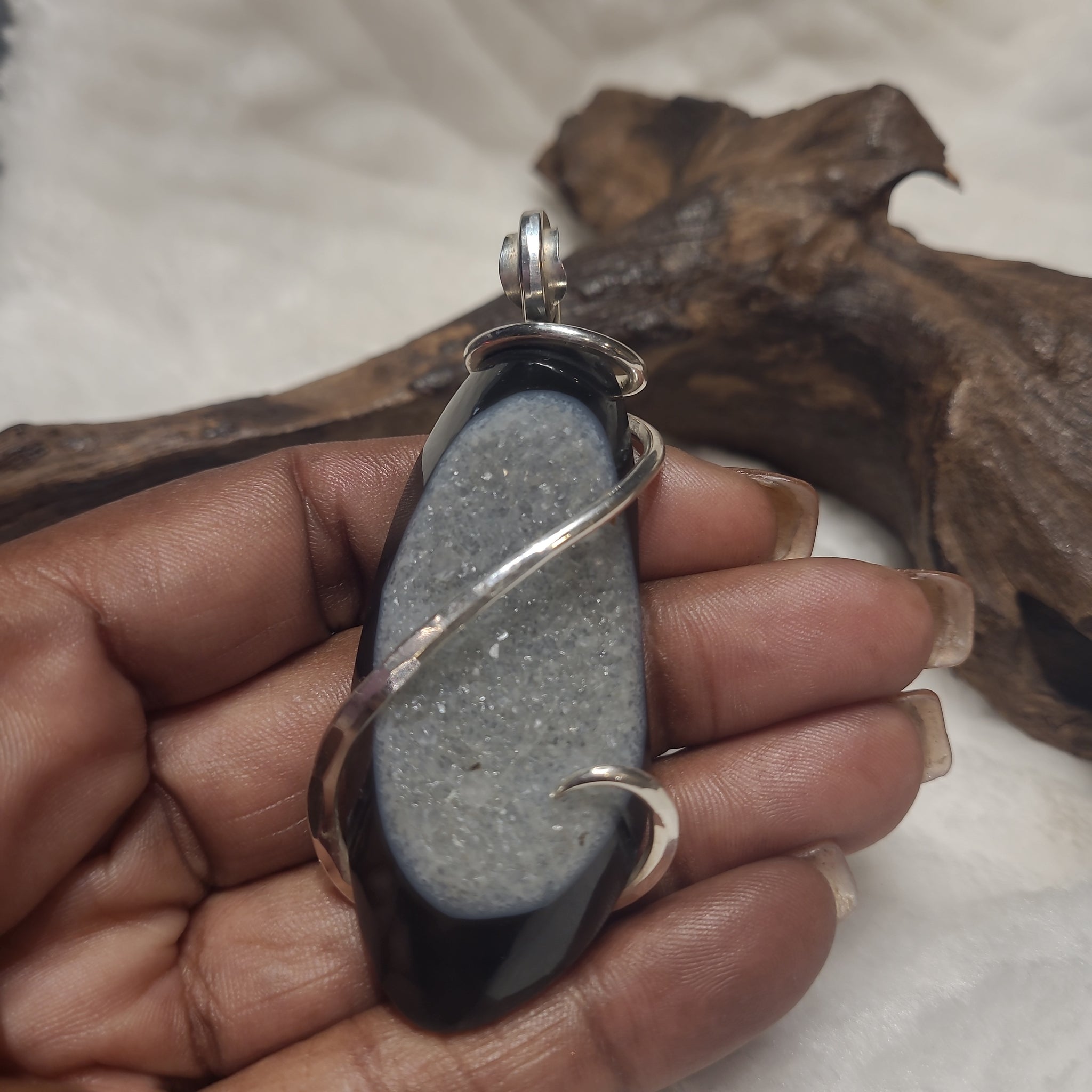 Black Onyx with Druzy Natural Stone Pendant
