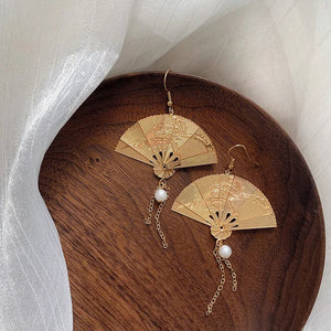 Elegant Gold Embossed Japanese Fan shaped Earrings, Geisha Fan Earrings